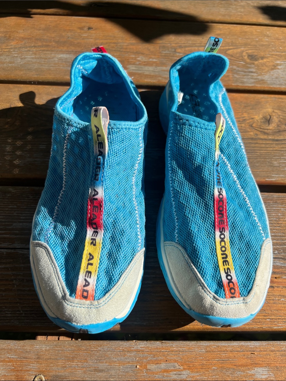 Men's Water Mesh Athletic Slip-On Shoes in Bright Blue with Multicolor Pull Tabs